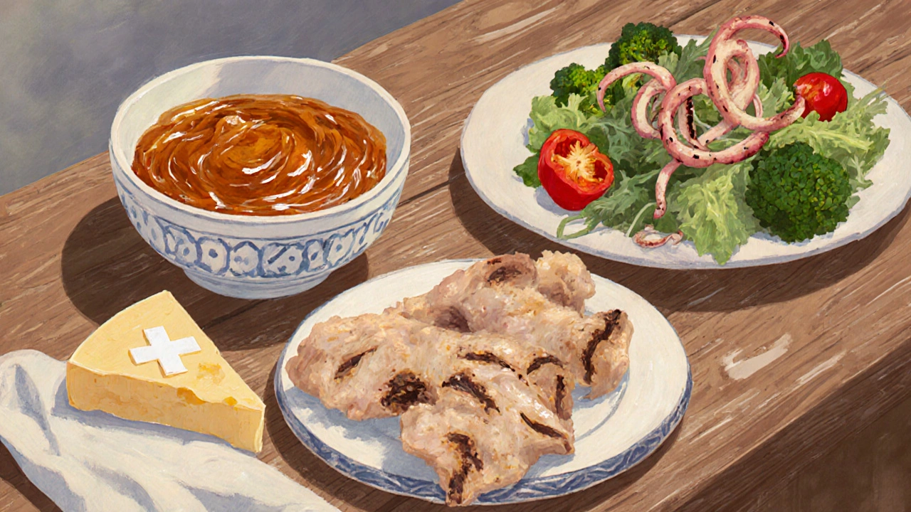 Stůl s domácím želé, kuřecí kůží, sýrem a červenou paprikou.