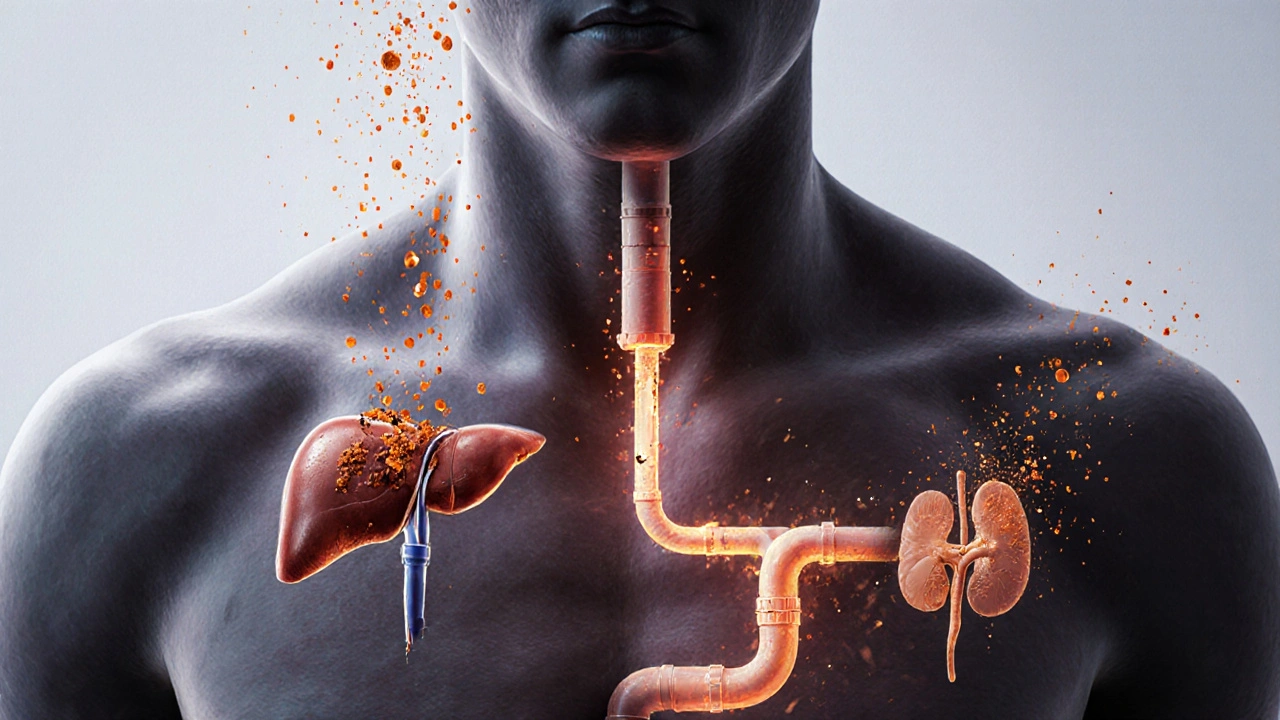Symbolický obraz přetíženého těla s blokovanými cestami pro vylučování hormonů.