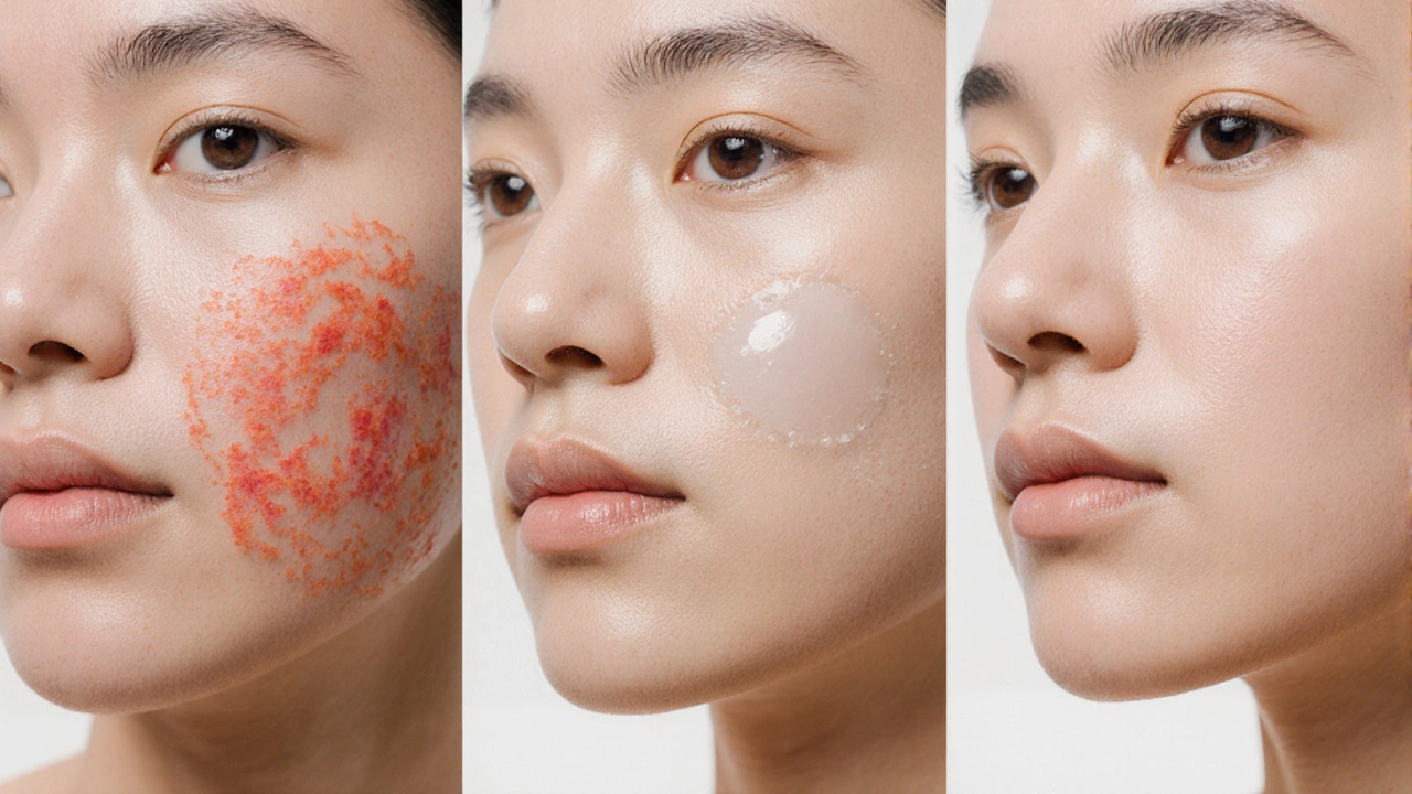 Tři fáze hojení akné s aplikací aloe veru – červenost se snižuje.