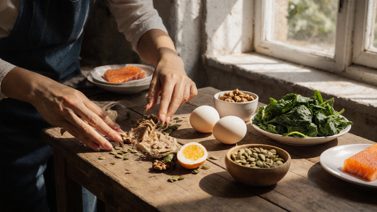 Zdravé potraviny pro posílení nehtů: vajíčka, ořechy, špenát a losos.