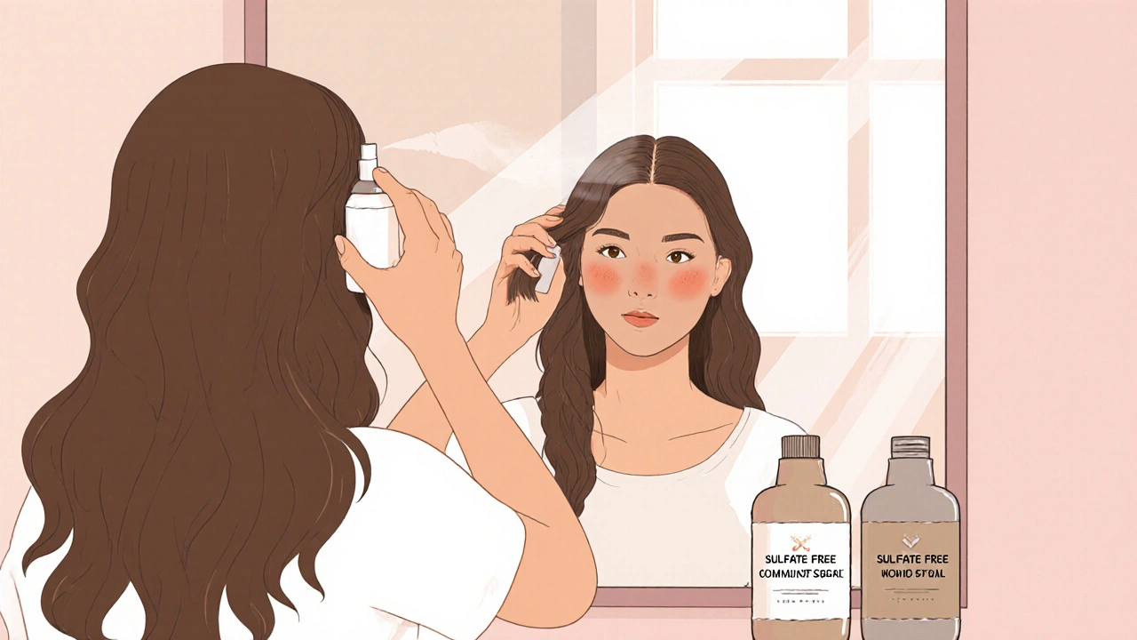 Žena aplikuje lehký produkt na kořeny vlasů v koupelně.