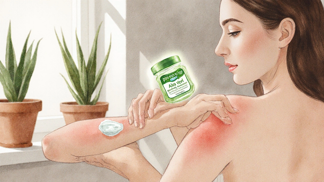 Žena aplikující gel aloe veru na mírnou popáleninu na paži.