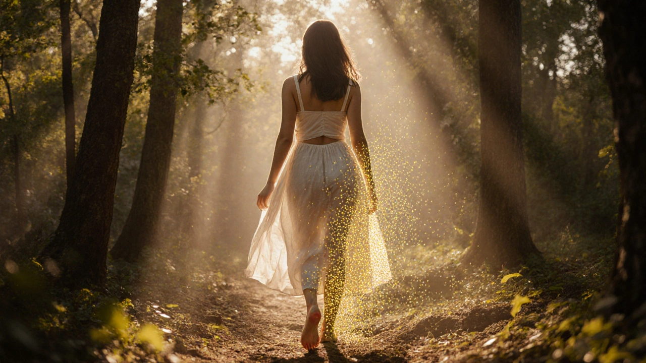 Žena chodí bosá v lese, z jejího těla vystupují zlaté bakterie, symbolizující přirozenou rovnováhu.