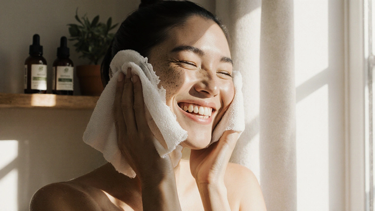 Žena čistí obličej vlhkým hadříkem po aplikaci oleje, ranní světlo, láhve s oleji na police.