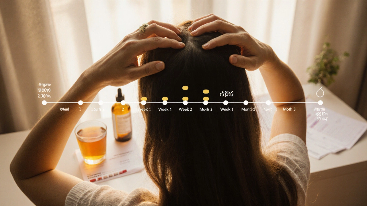 Žena masíruje kůru hlavy arganovým olejem, její vlasy jsou dlouhé a zdravé, za ní je čaj a výsledky krve.