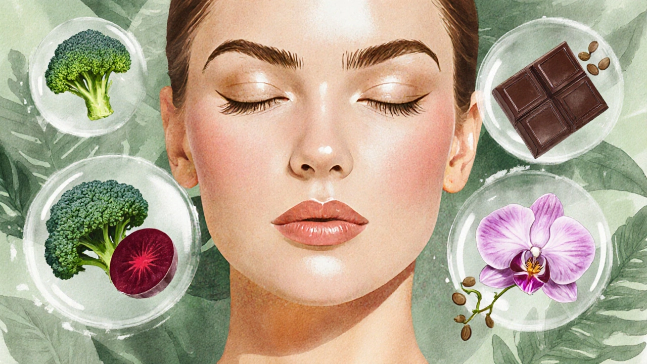 Žena s zdravě zářící pletí je obklopena prvkami potravin pro kůži.