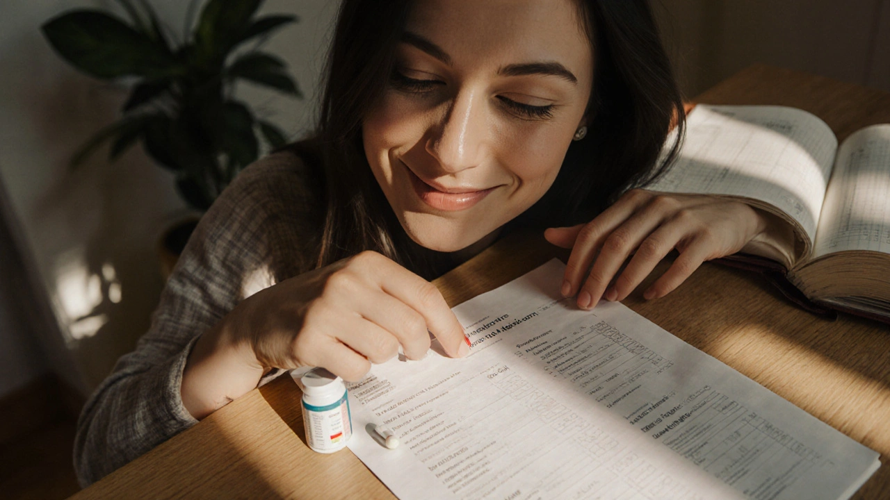 Žena sleduje výsledky krevního testu a položila doplňky stravy vedle něj na stůl.