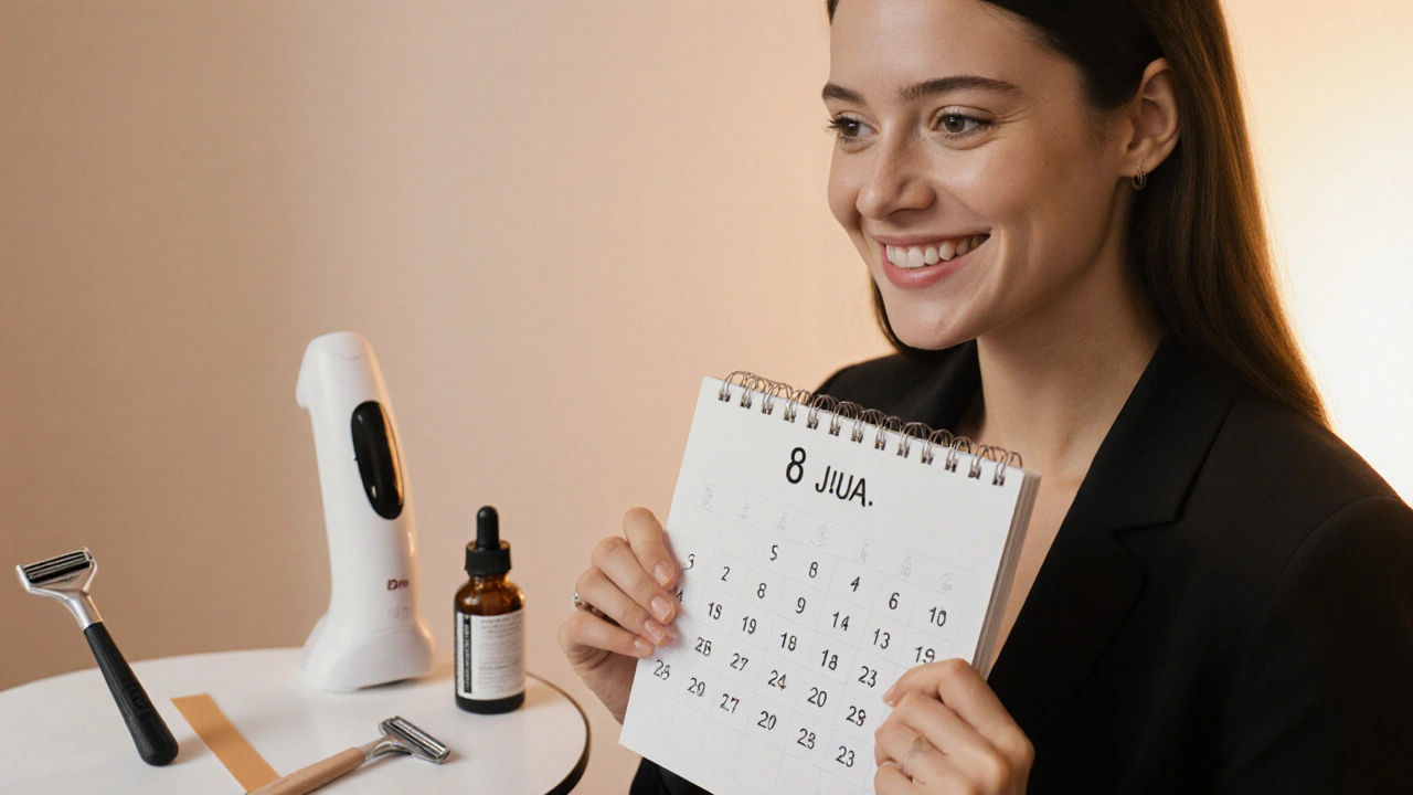 Žena v klinice s laserovou epilací a kalendářem sezení.