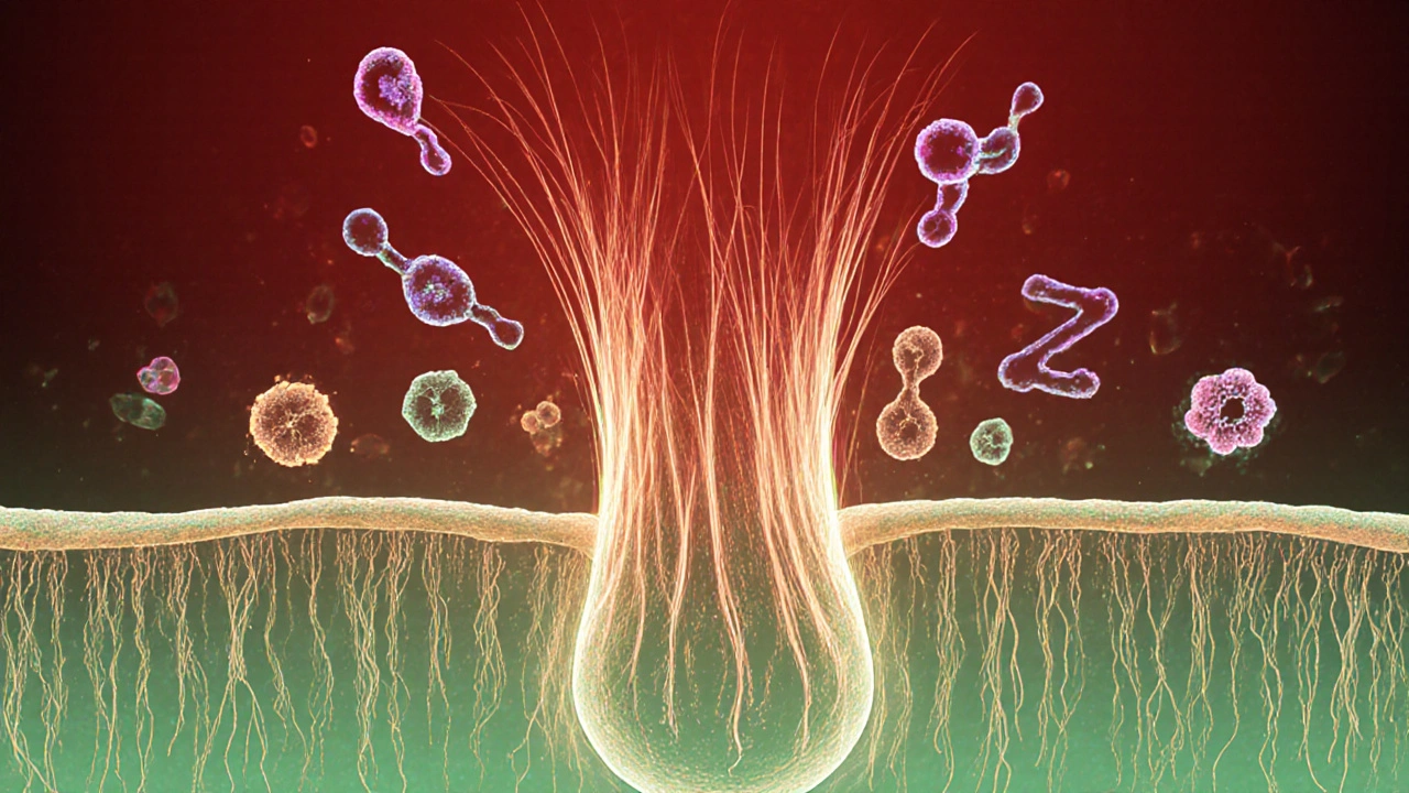 Zvětšené vlasové folikuly napájené živinami jako železo, biotin a vitamín D.
