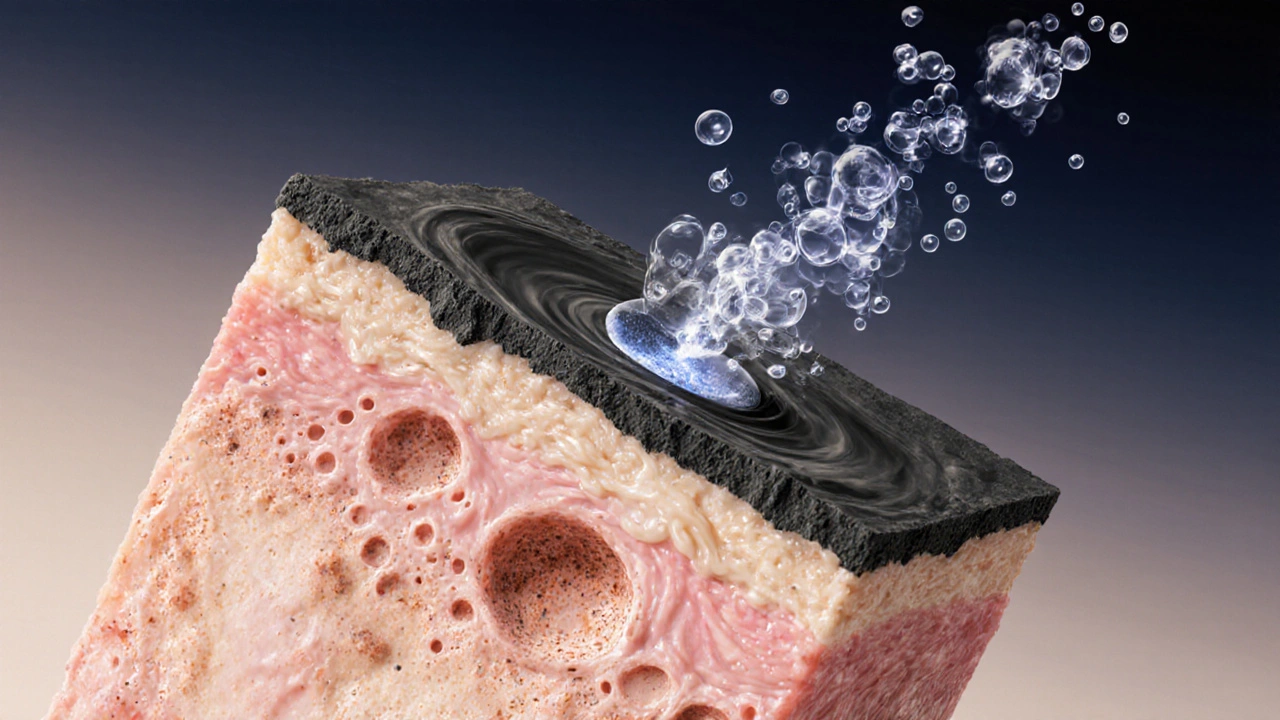 Zvětšený pohled na kůži s nečistotami v pórách, které odstraňují chemické látky.