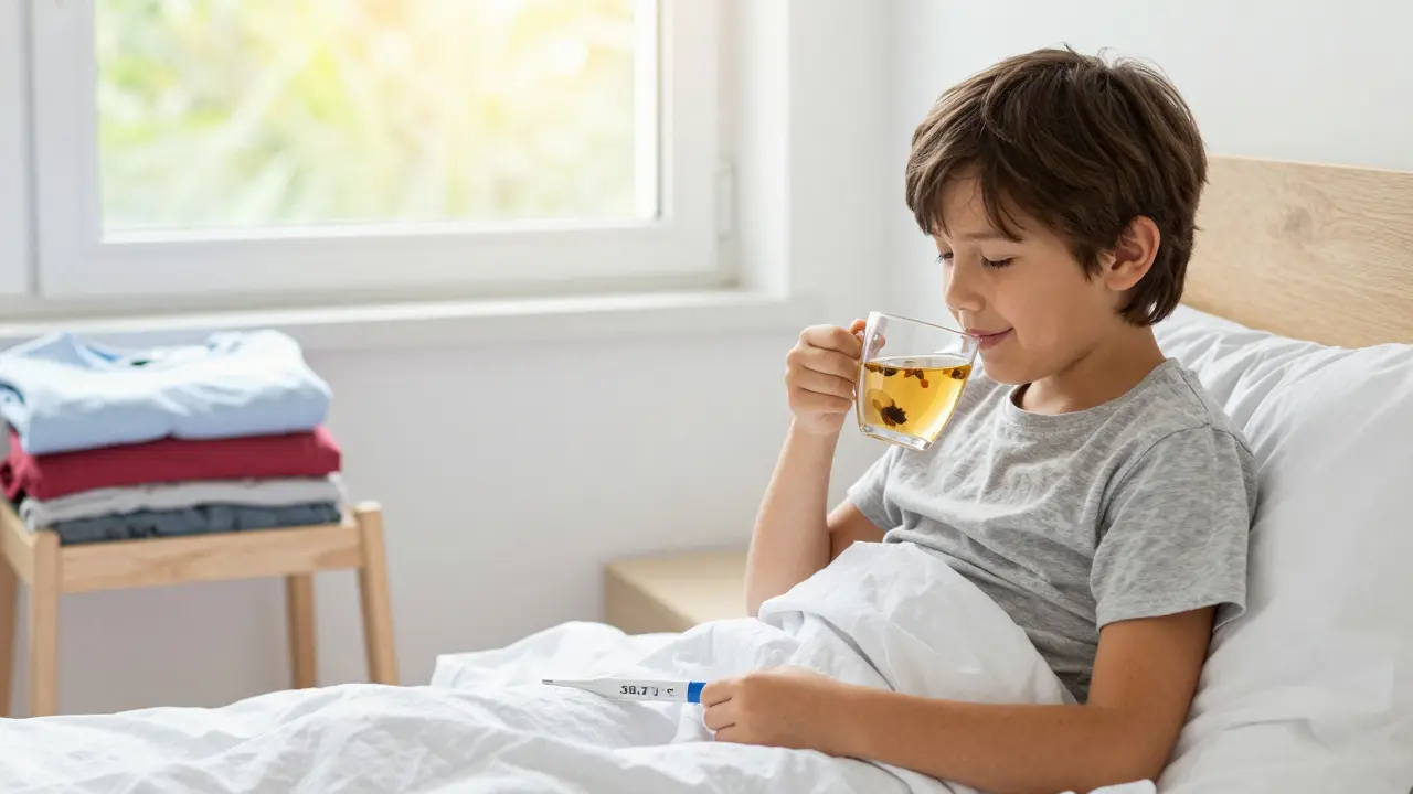 Dítě pije bylinný čaj v posteli, vedle něj teploměr ukazuje 38,7°C, za oknem je slunečný den.