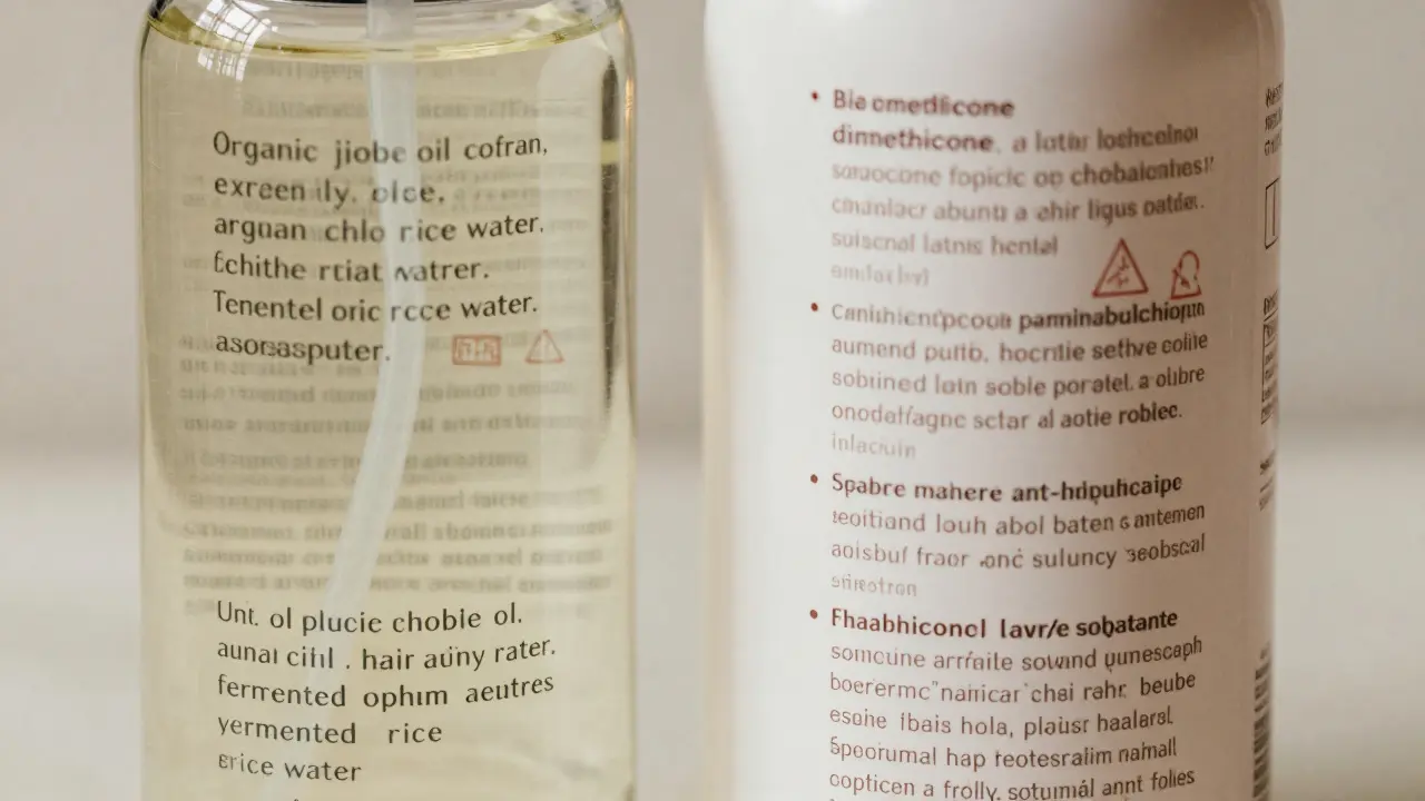 Dva šampony vedle sebe: jeden s přírodními ingrediencemi, druhý s chemickými látkami.