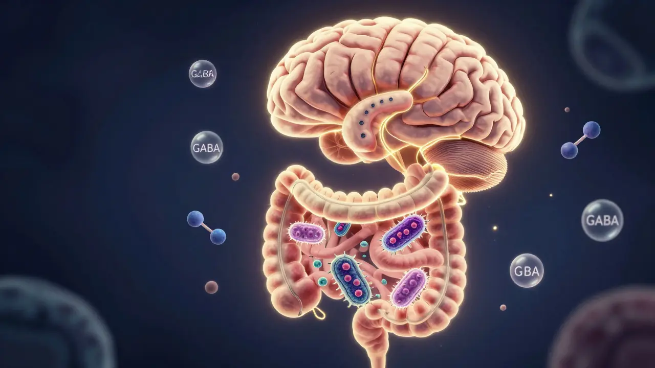Grafické znázornění spojení mozku a střeva s živými bakteriemi a neurochemikáliemi