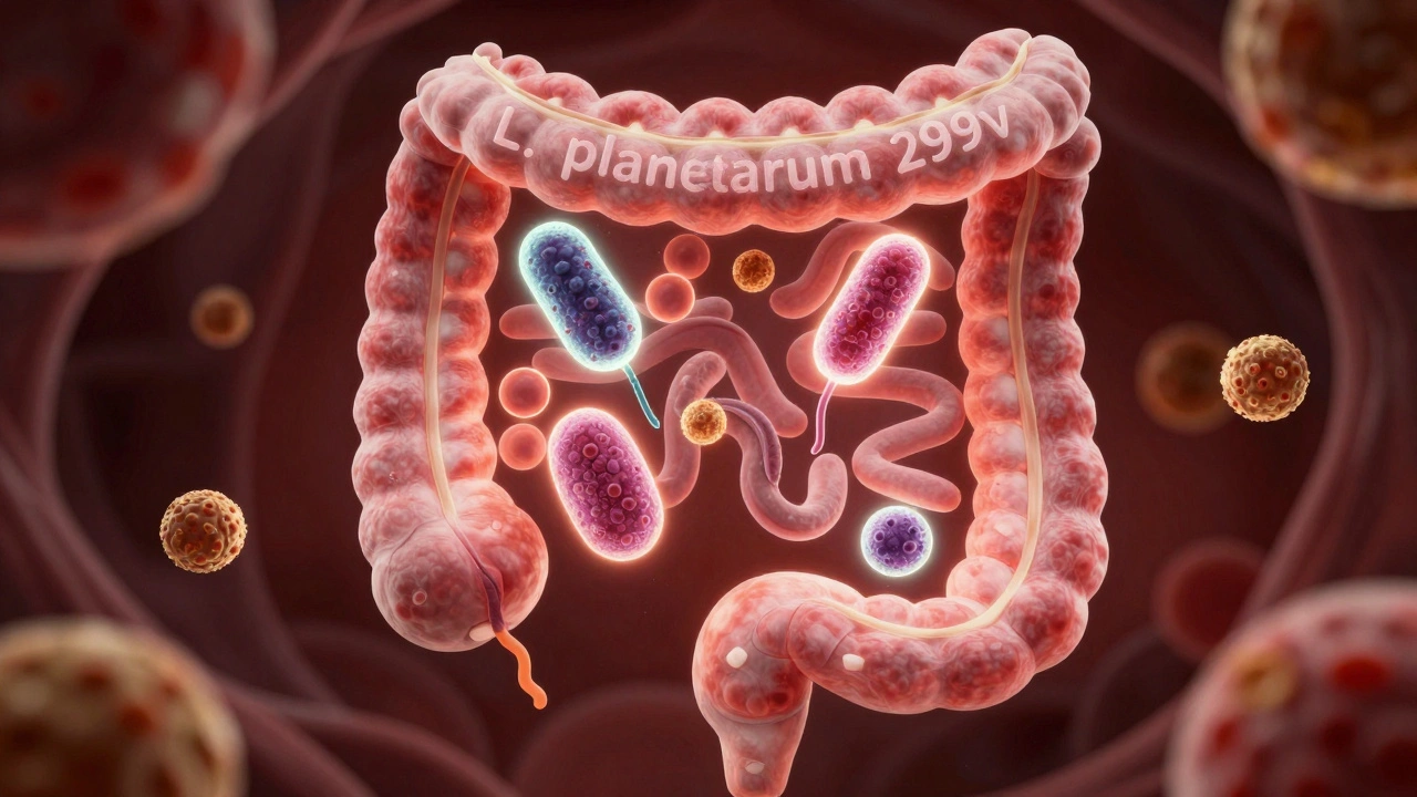 Illuminovaný vnitřek střeva s třemi druhy laktobacilů interagujících s imunitními buňkami.