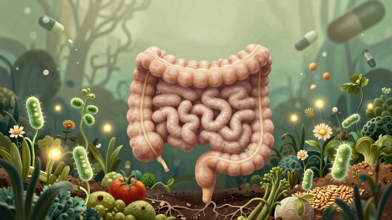 Ilustrace střev jako zahrady s živými bakteriemi a vlákninou, kde rostou zdravé mikroorganismy.