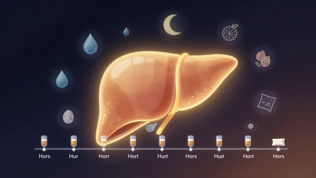 Játra s symboly vody, jídla a spánku, které pomáhají detoxikovat alkohol.