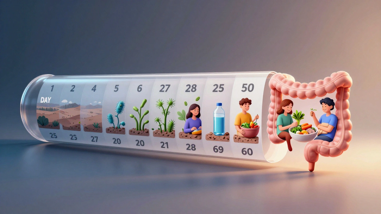Kalendář ukazující postupnou obnovu střevní mikroflóry od ničeného stavu k zdravé rovnováze.