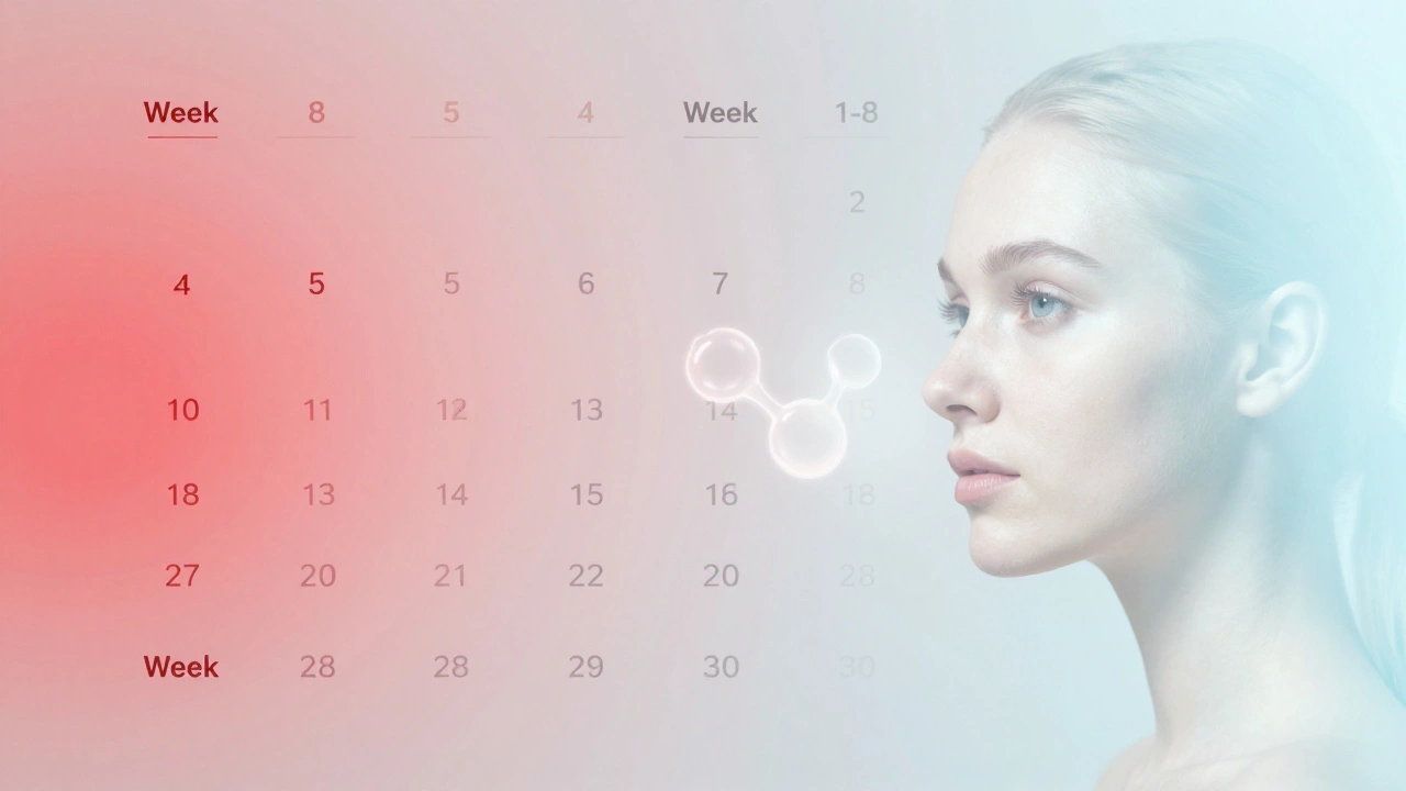 Kalendář znázorňující přechod podrážděné kůže k zdravé po 8 týdnech