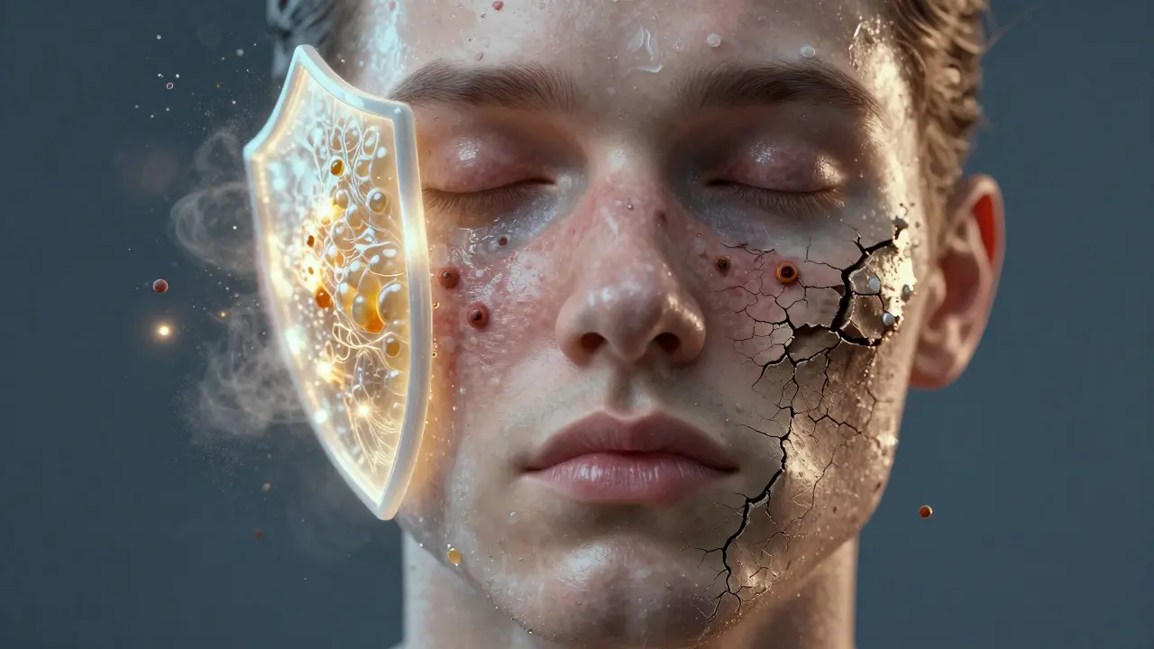 Konceptuální obrázek obličeje jako ekosystému s ochrannou bariérou a znečištěním.