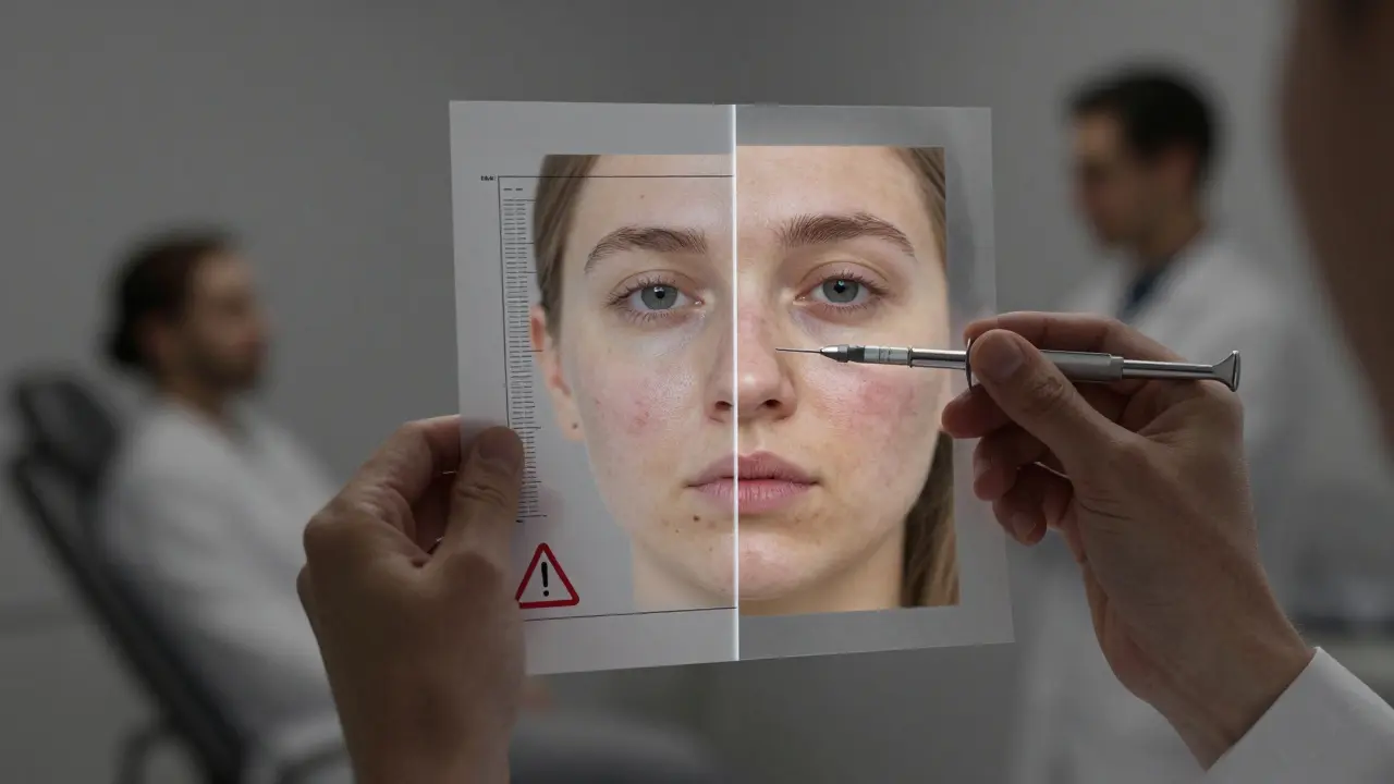 Kosmetička drží výsledky laboratorních testů, s viditelným rozdílem mezi zdravou a poškozenou pokožkou.