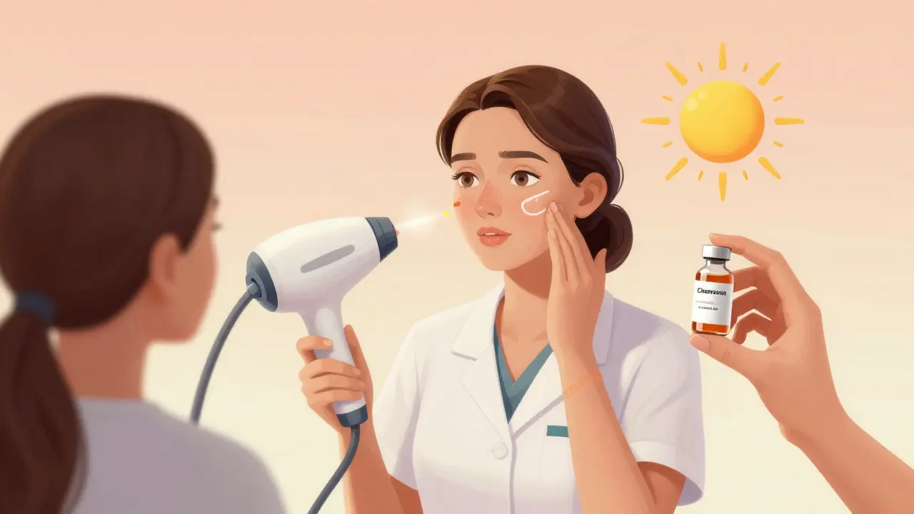 Kosmetička vysvětluje klientce rizika kosmetických procedur pomocí symbolických prvků.