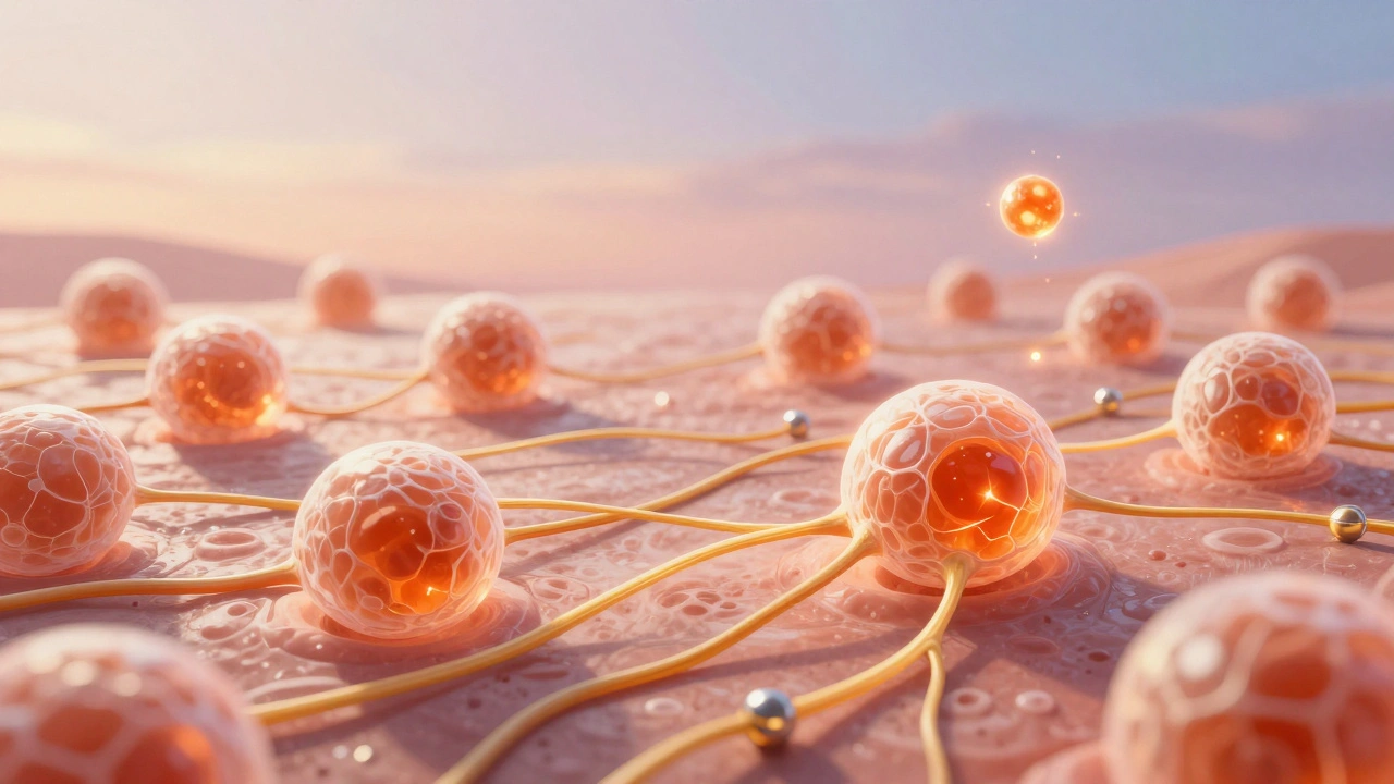 Mikroskopický pohled na obnovu kolagenových vláken v kůži s vitamínem C a zinkem.