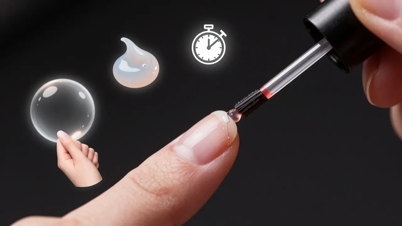 Oprava zvedlého kraje gelového nehtu malou kapkou vrchního gelu, s významnými chybami jako symboly kolem.