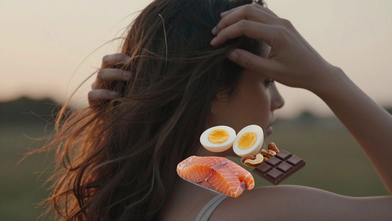 Osoba hladí vlasy, kolem ní plavou výživové prvky pro silné vlasy.