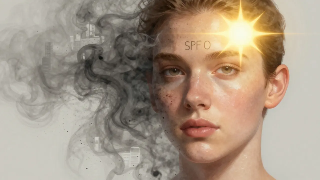 Poloviční obličej pokrytý znečištěním, druhá polovina zdravá a zářící.