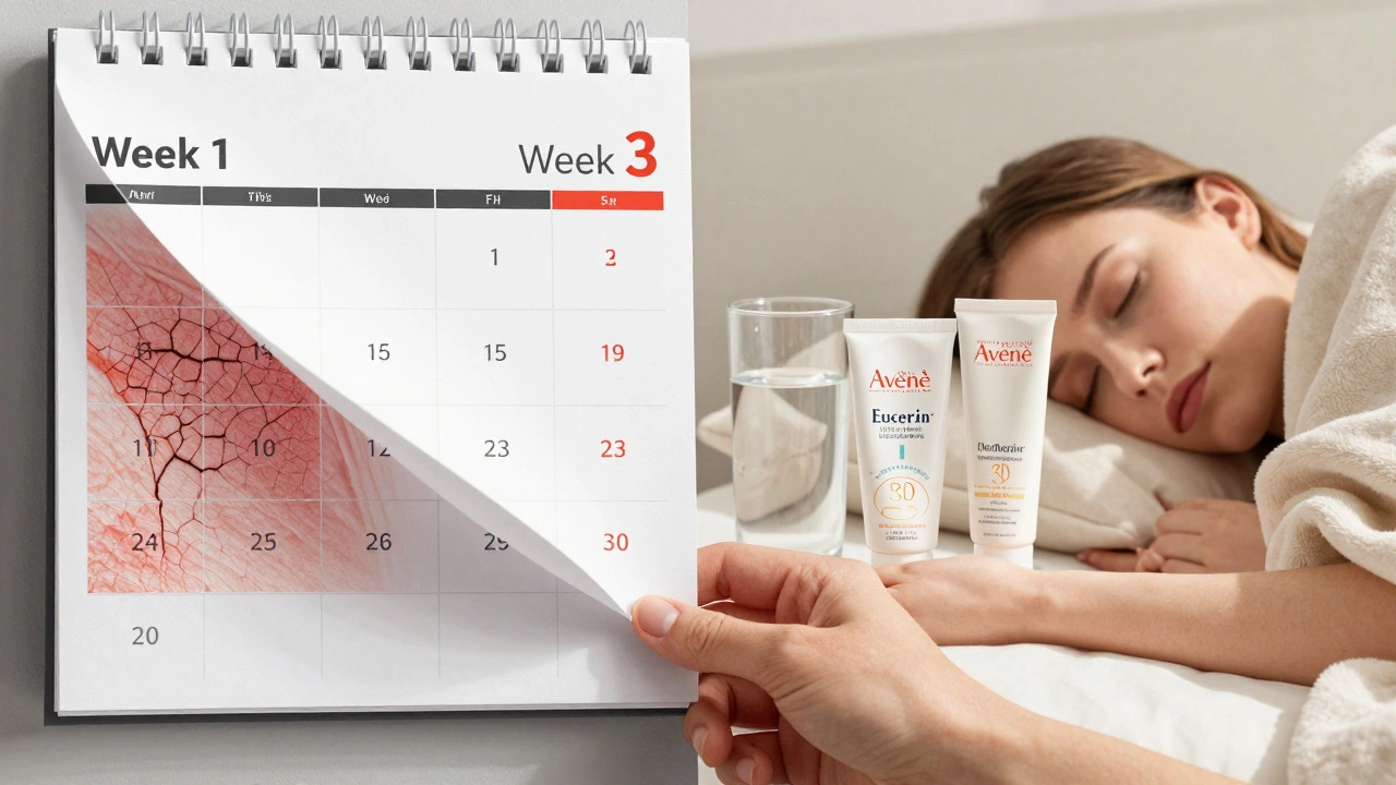 Porovnání podrážděné a zdravé pokožky po třech týdnech péče s klíčovými produkty.