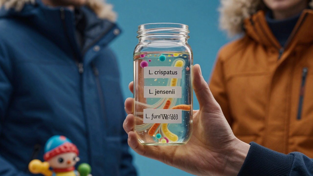 Průhledná sklenice s kultivovanými laktobacily a symboly různých věkových skupin.