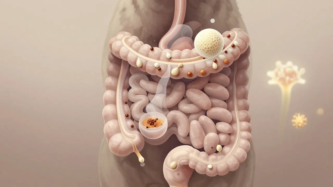 Průřez psího trávicího ústrojí s kvasnicemi vážícími škodlivé látky.