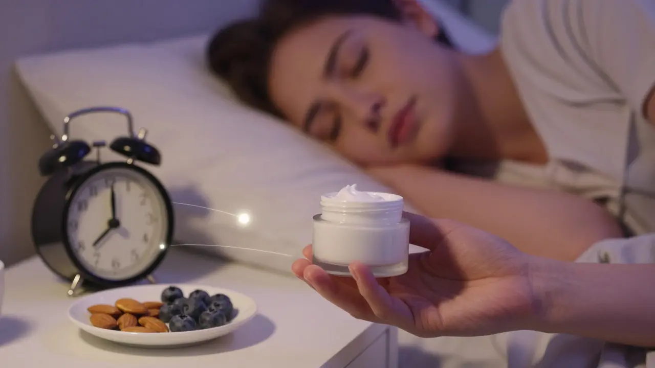 Ruce drží krém vedle spící osoby s zdravými potravinami na nočním stole.