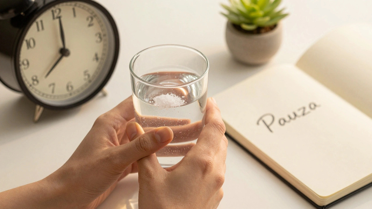 Ruce drží minerální vodu s solí, symbolizující hydrataci a klid pleti.