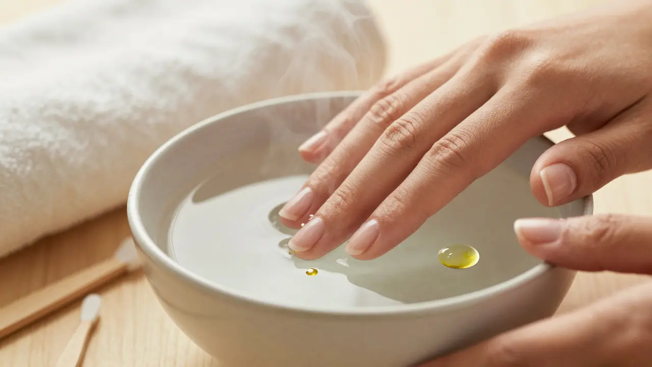 Ruce ponořené ve teplé vodě s kapkami oleje, vedle nich ručník a štětec.