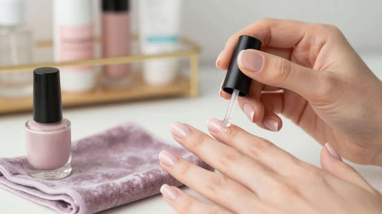 Ruka aplikuje vrchní lak na nehty, vedle ní lahvička a hadřík pro úklid.