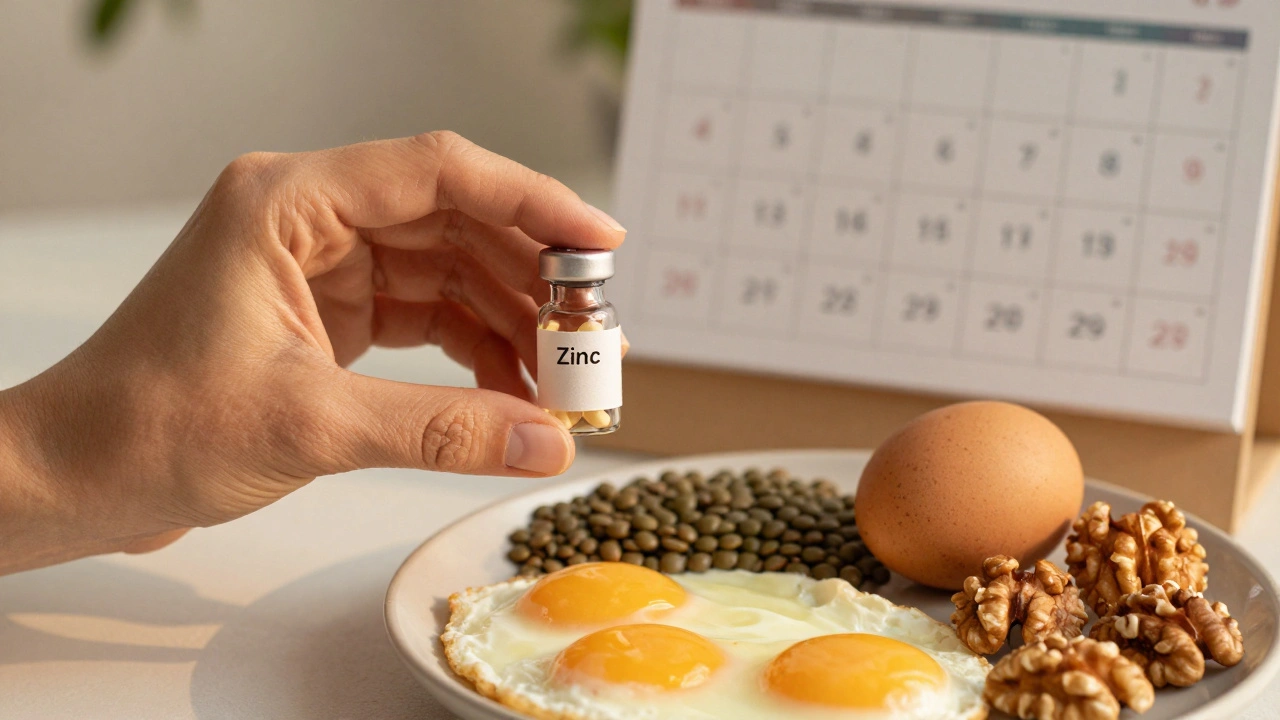 Ruka drží doplněk stravy vedle jídla bohatého na železo.