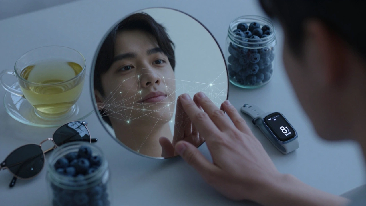 Ruka se dotýká zrcadla, kde se odráží mladší verze vlastní tváře s přirozenými prvky obnovy.