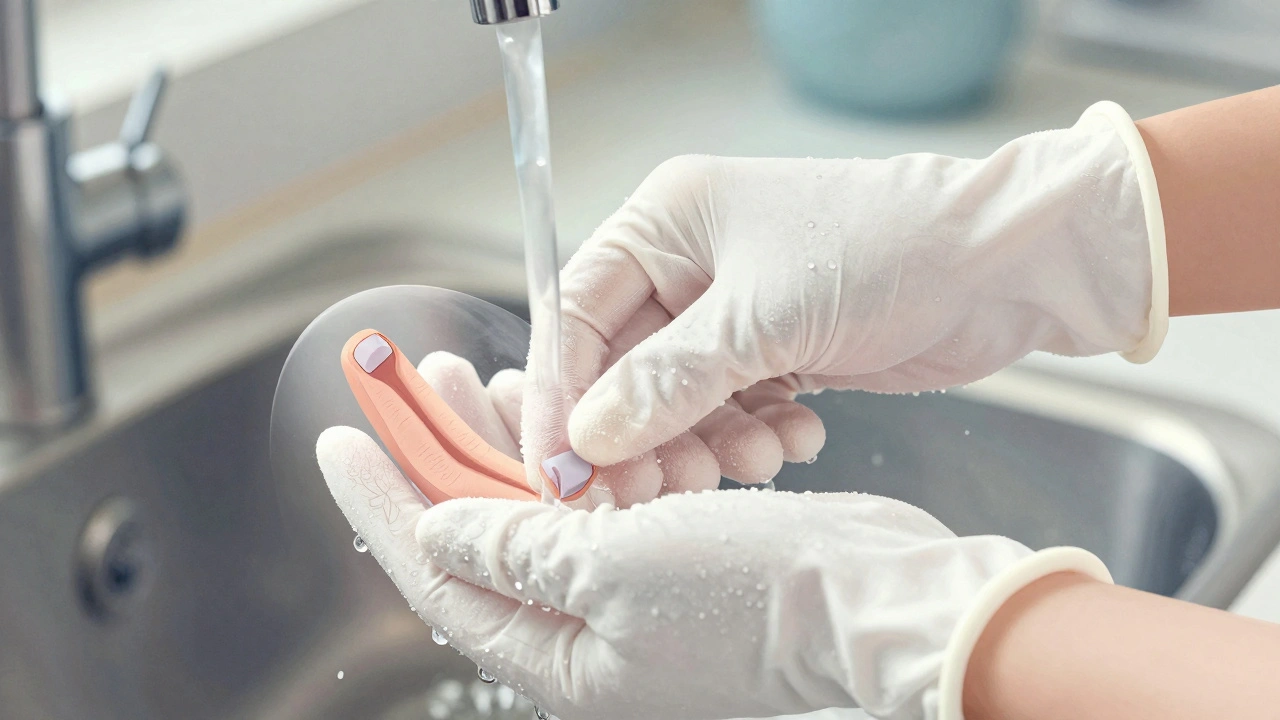 Ruka v rukavicích myjící nádobí, s podobou vnitřní struktury nehtu.