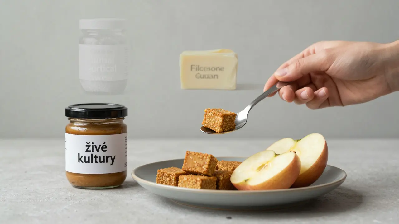 Rukou držená lžíce tempehu a jablka vedle živých kultur, proti základu zpracovaných potravin