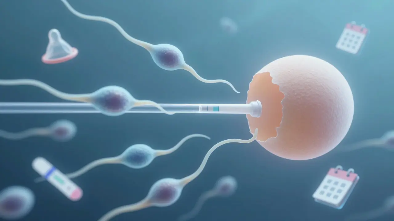 Spermie jsou zastaveny bariérou, symbolizující nehormonální antikoncepci.