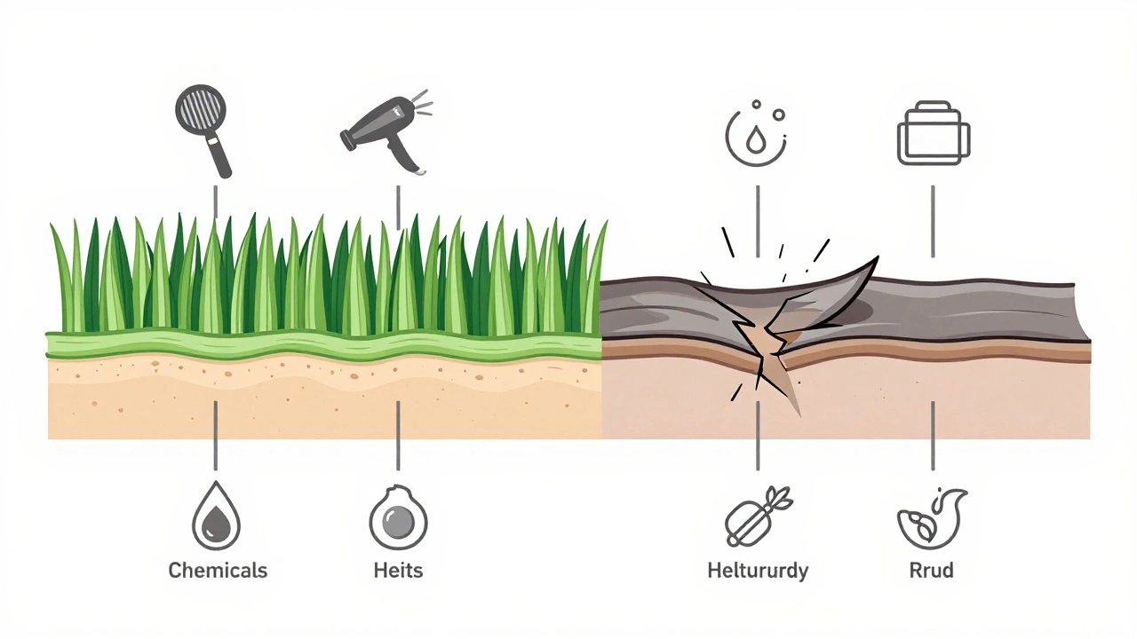 Srovnání zdravého a poškozeného vlasu v průřezu s příčinami poškození.