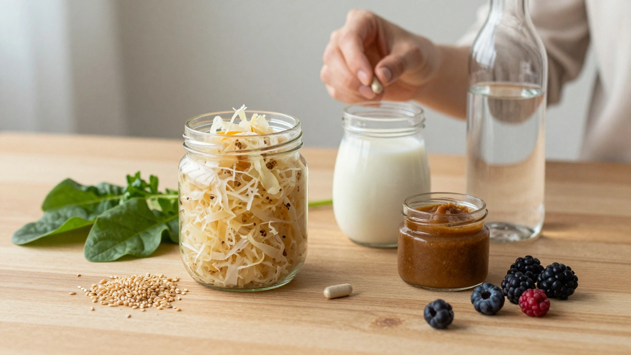 Stůl s fermentovanými potravinami, probiotikem a čerstvými ovoce, symbolizující podporu střevní mikroflóry po antibiotikách.