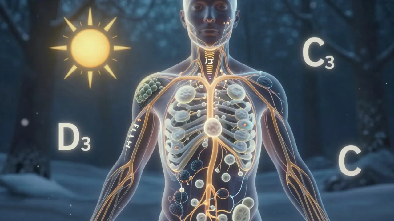 Tělo s osvětlenými imunitními buňkami a živinami ve tkáních, zimní pozadí s výřezem slunce.