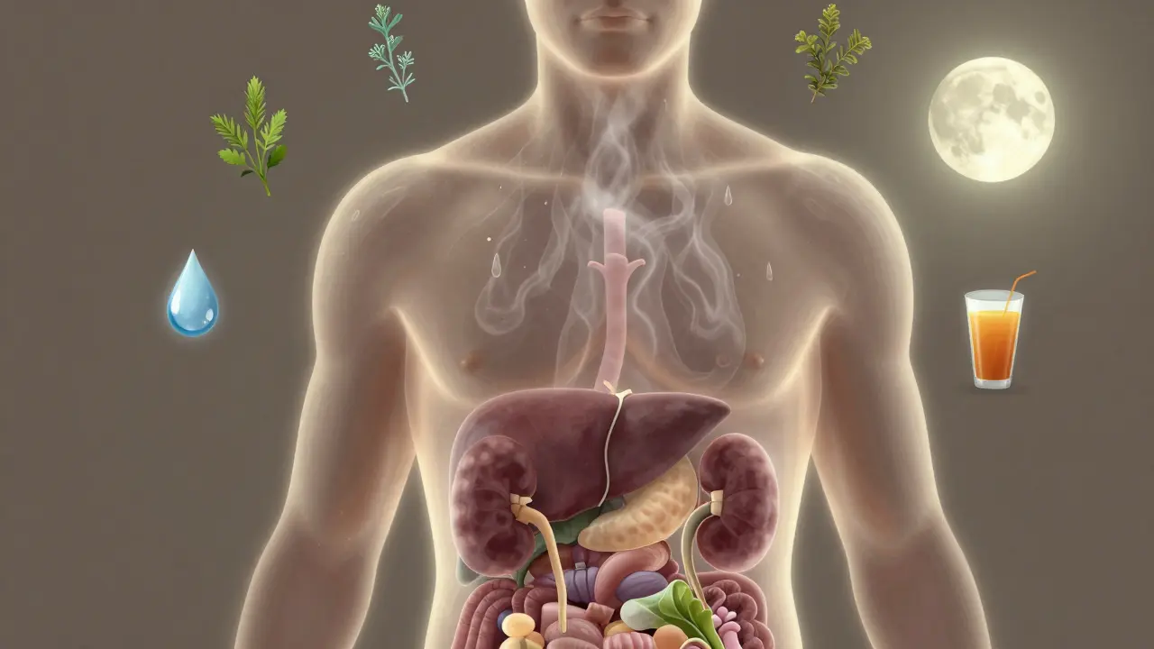 Translukentní tělo s vyzařujícími játry a ledvinami, obklopené symboly přírodních pomůcek při horečce.
