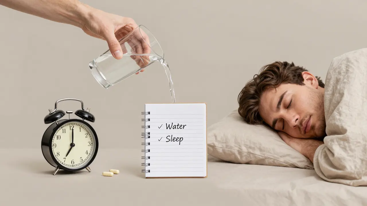Tři každodenní návyky: voda, spánek a doplněk – jednoduchá scéna klidného zdraví.