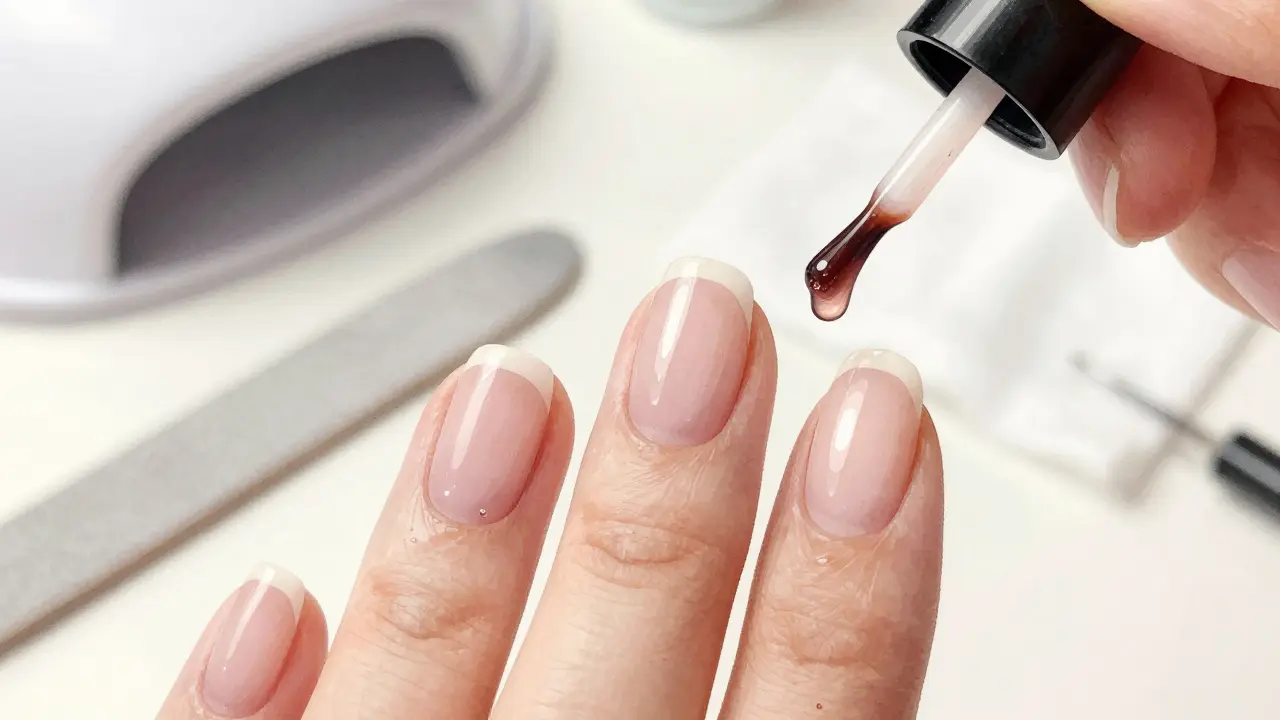 Tři vrstvy gelové manikúry: základní, barvivá a vrchní, s detaily štětečku a nástrojů v pozadí.