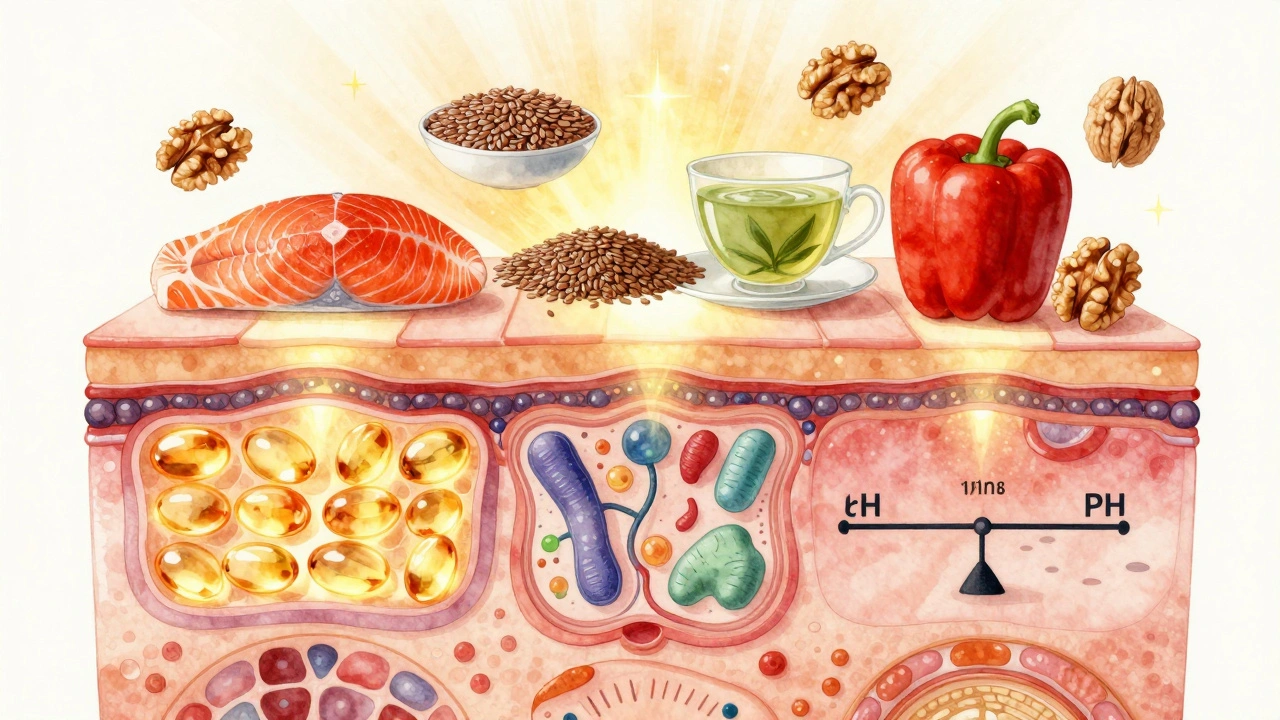 Uvnitř kůže: lipidová bariéra, mikrobiom a pH v rovnováze, podporované potravinami.