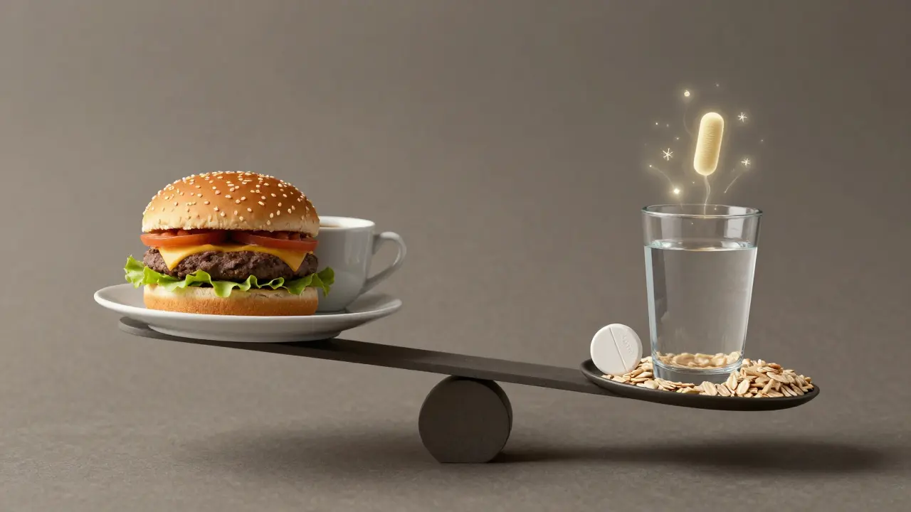 Váha porovnává nezdravé jídlo s optimálním užíváním probiotik.