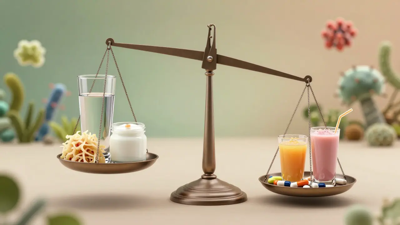 Váha s zdravými potravinami a probiotiky na jedné straně, antibiotiky a cukrem na druhé.